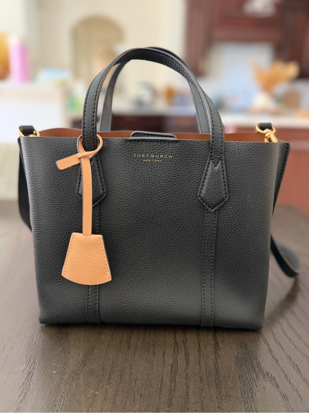 Tory Burch Small Perry Triple Compartment Tote Black Leather